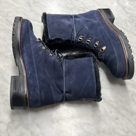 Stuart Weitzman Lug Sole Faux Fur Navy Suede Lace Up Boots Size 7.5 M - Picture 7 of 13